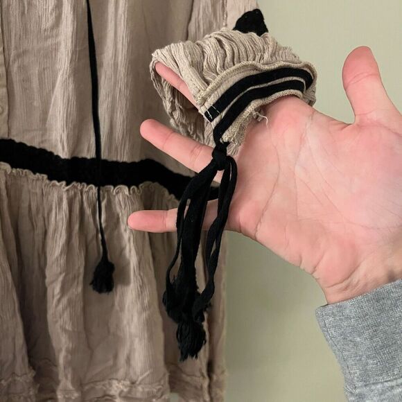 Free People Womens Brown Black Tunic Shift Dress Small Tassel Boho Beige - Picture 5 of 8